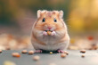 © FrameForge - Adorable hamster sitting on a surface, holding a nut with tiny paws, surrounded by scattered seeds and nuts in a warm, blurred background