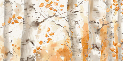 Sticker - Birch trees with falling autumn leaves in an artistic, serene forest scene, capturing the essence of the fall season.