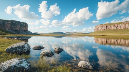 Poster - A beautiful lake with a cloudy sky in the background