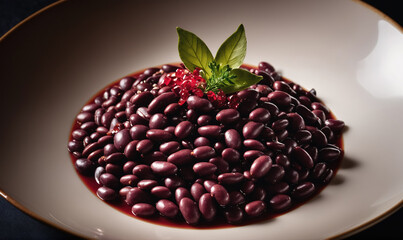 A white plate with a heaping serving of black beans, garnished with a sprig of basil