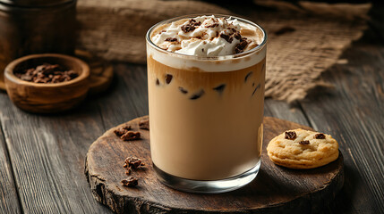 Glass of iced latte with sweet cookies on wooden backgroun