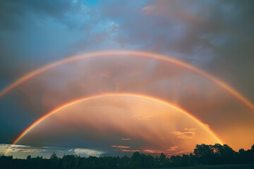 Wall Mural - Generative ai on theme of beautiful tranquil landscape with magical bright rainbow at cloudy sky