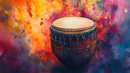 Canvas Print - Watercolor Drum with Colorful Abstract Background.