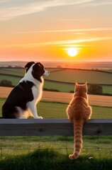 Wall Mural - Dog and Cat Friends Watching Sunset Over Field