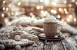 © Chayon Creative - Cozy winter composition with a mug of hot coffee, knitted elements, and Christmas decorations on a wooden table.