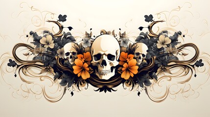 Sticker - Skulls and Flowers with Ornate Design.