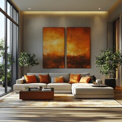 Wall Mural - 3D rendered interior featuring a contemporary sofa, panoramic view. 