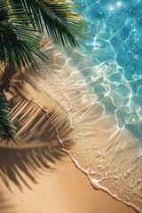 Wall Mural - Palm leaves cast shadows on the sandy shore as the waves gently lap the beach. AI.