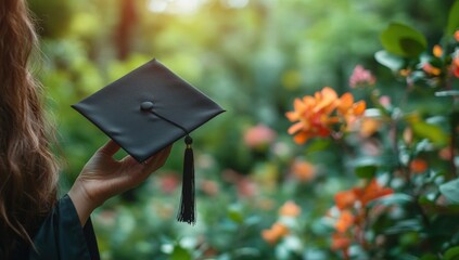 Graduation Cap Held High in a Garden Setting.