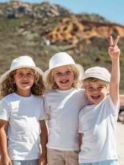 Sticker - Three kids smiling and wearing white shirts. AI.