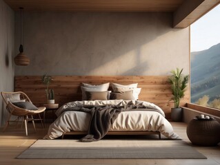 Wall Mural - Minimalist Bedroom with Wooden Headboard and Mountain View