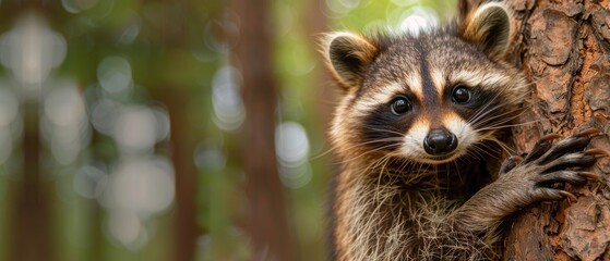 Playful young raccoon climbing a tall tree in the forest during daytime