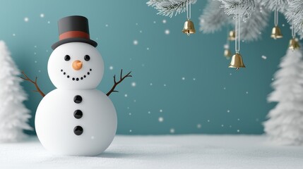 A cheerful snowman stands in a snowy winter scene with two fir trees and hanging bells.