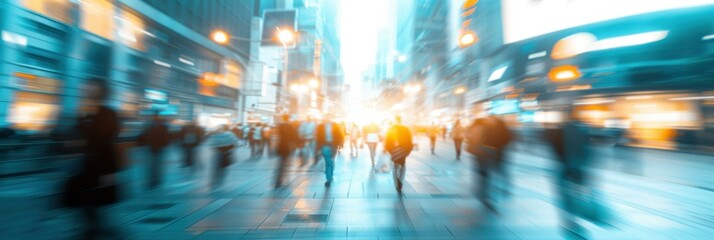 Poster - A blurry image of people walking down a city street. AI.