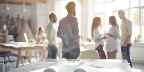 Wall Mural - A group of people standing around a table with papers on it. AI.