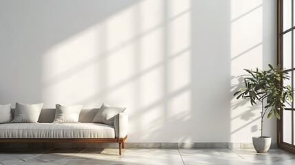 Wall Mural - A minimalist living room with a white couch and a potted plant near a large window. Sunlight streams through the window, casting shadows on the wall.