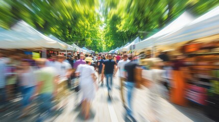 Sticker - A blurry image of a crowd walking through an outdoor market. AI.