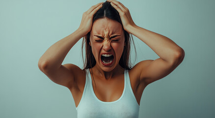 Wall Mural - a woman in a white tank top, holding her head with both hands and screaming in pain against a plain background.