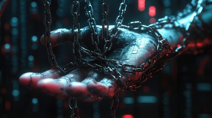 Poster - Information lockdown: A digital hand bound by chains, a powerful metaphor