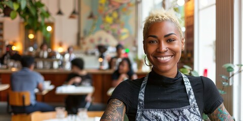 Wall Mural - A woman with tattoos sitting at a table in an eatery. AI.