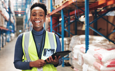 Poster - Black woman, portrait and tablet in warehouse for inspection, inventory check and stock management for web. Logistic, employee or supervisor with digital for shipping order, quality control and smile