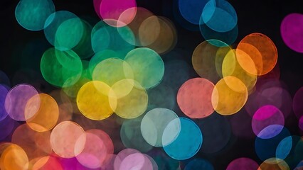 Poster - Colorful bokeh lights on black background, defocused red, blue, green, yellow, orange and pink colored round lights