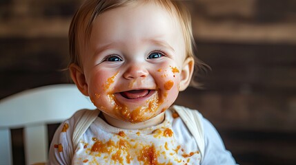 Messy eater: A baby with a face covered in food, enjoying their meal with a big, happy smile