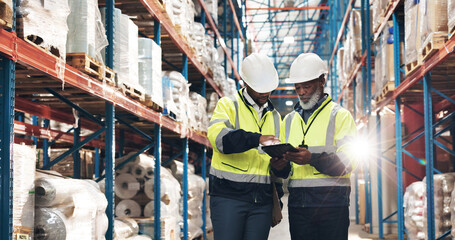 Poster - Business people, supplier and inventory with tablet for checking stock or distribution in logistics. Businessman, colleagues or employees with technology for supply chain or storage at warehouse