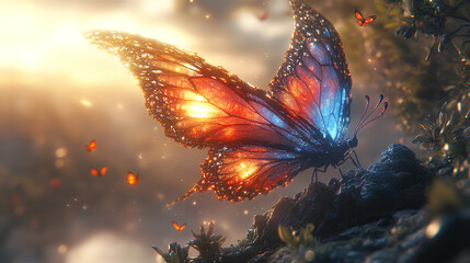 Fairies with intricate spectral colorful wings reside on the rocks of a fantasy world.