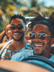 Canvas Print - Three happy friends on a road trip. AI.