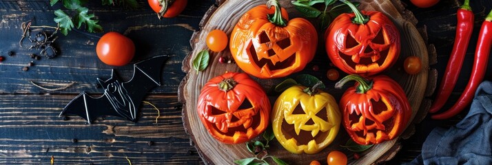 Wall Mural - Halloween-themed salad with red and yellow sweet peppers sculpted into jack-o'-lantern faces, paired with a bat-shaped pastry on a rustic wooden plate.