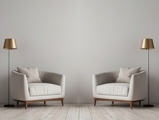 Wall Mural - Two White Armchairs with Gold Lamps in a Minimalist Room