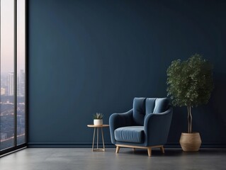 Wall Mural - Blue Armchair and Plant in Modern Interior with City View