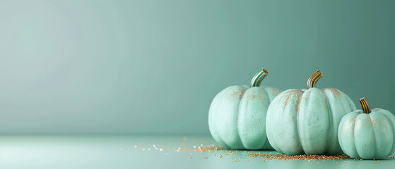 Decorative turquoise, light mint pumpkins composition with golden decorations. Minimal autumn background. Flat lay. Halloween celebration mockup, fall harvesting seasonal. Generative ai