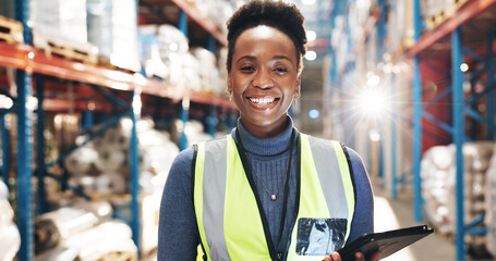 Poster - Black woman, portrait and tablet in warehouse for logistic, inventory check and stock management for web. Inspection, employee or supervisor with digital for shipping order, quality control and smile