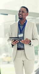 Poster - Presentation, business and man with tablet, coaching and communication with digital app. Employee, presenter or speaker with technology, seminar or ideas for company development or corporate training