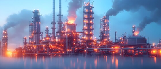 Poster - Mesmerizing industrial refinery processes showcasing large scale that handle the refining of various materials  photography concept with glowing lights flames and reflections against the night sky