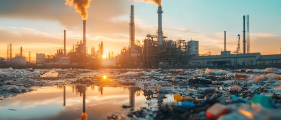 Poster - Sustainable Waste Management Efforts Visualized in a Sprawling Industrial Refinery Facility Smoke Stacks Reflected on the Surface of Water at Sunset