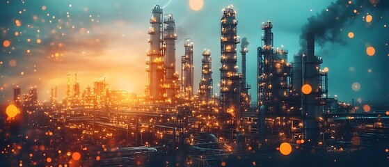 Poster - Majestic Refinery Skyline at Sunset   Showcasing the Scientific Principles of Refinery This image captures the intricate architecture and engineering of a large scale chemical processing facility