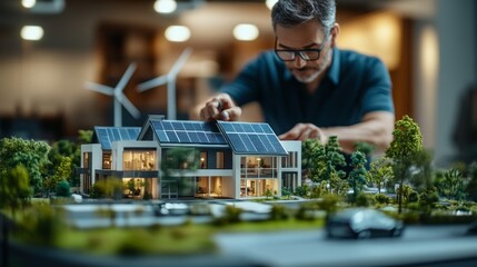 Aufkleber - A man is working on a model of a house with solar panels