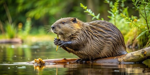 2. A beaver gnaws on a tree branch, its flat tail slapping the water, in a forest clearing, a realistic photo image.