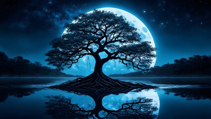 landscape tree with glow moon desktop wallpaper, pc wallpaper 4k