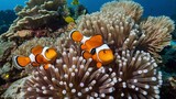 Group of clownfish in front of sea anemone on coral reef