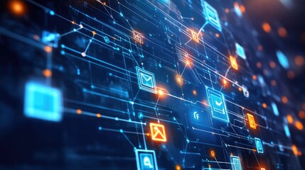 Poster - A digital interface displaying network connections and data flow, symbolizing communication technology.
