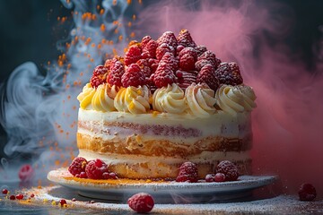 Wall Mural - a cake with raspberries on top. 