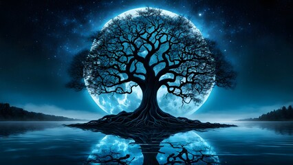 landscape  tree with glow moon desktop wallpaper, pc wallpaper 4k