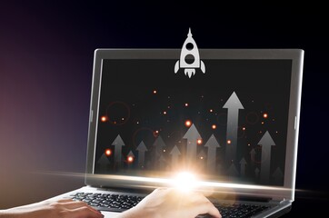 Sticker - Businessman hold on virtual screen a rocket icon