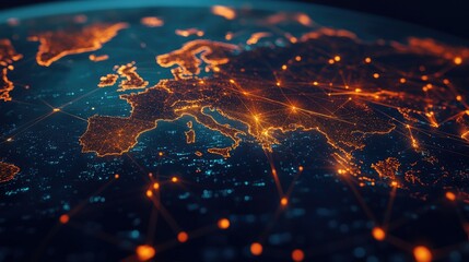 Poster - A digital world map with interconnected lines, symbolizing global network communication.