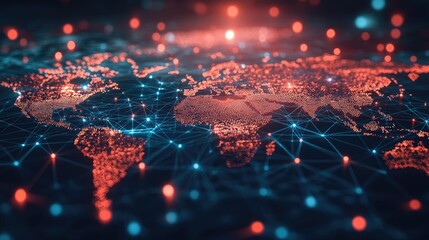 Poster - A digital world map with interconnected lines, symbolizing global network communication.