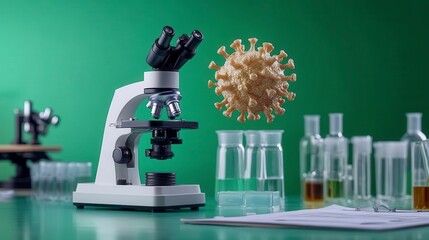 A microscope and a virus model on a laboratory table